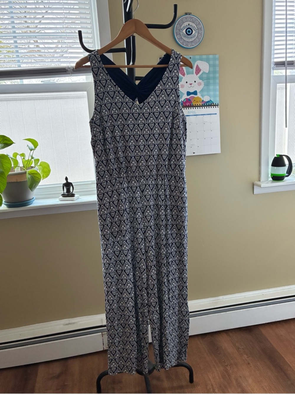 Talbots women’s medallion print twist-back jersey jumpsuit.